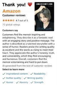 Amazon customer reviews of Michelle Sandlin's bestselling book “Cancer Don’t Care”